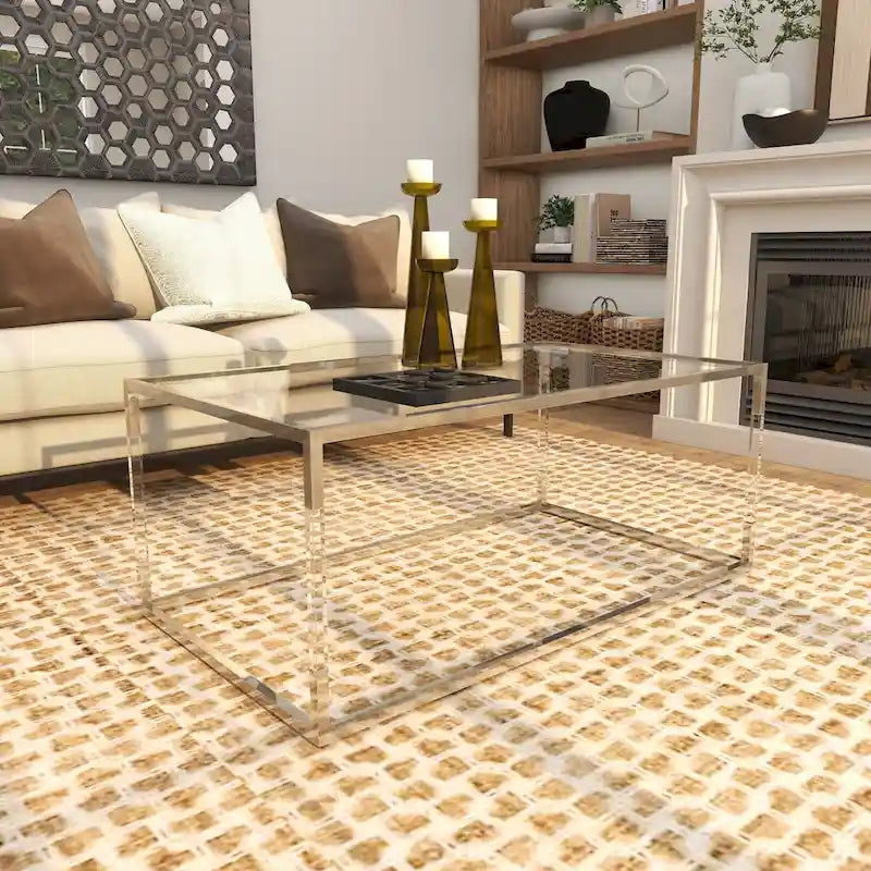 Table basse en acrylique ou en métal avec plateau en verre et pieds en acrylique ou support en cadre argenté – Doré ou transparent – Roche River Decor