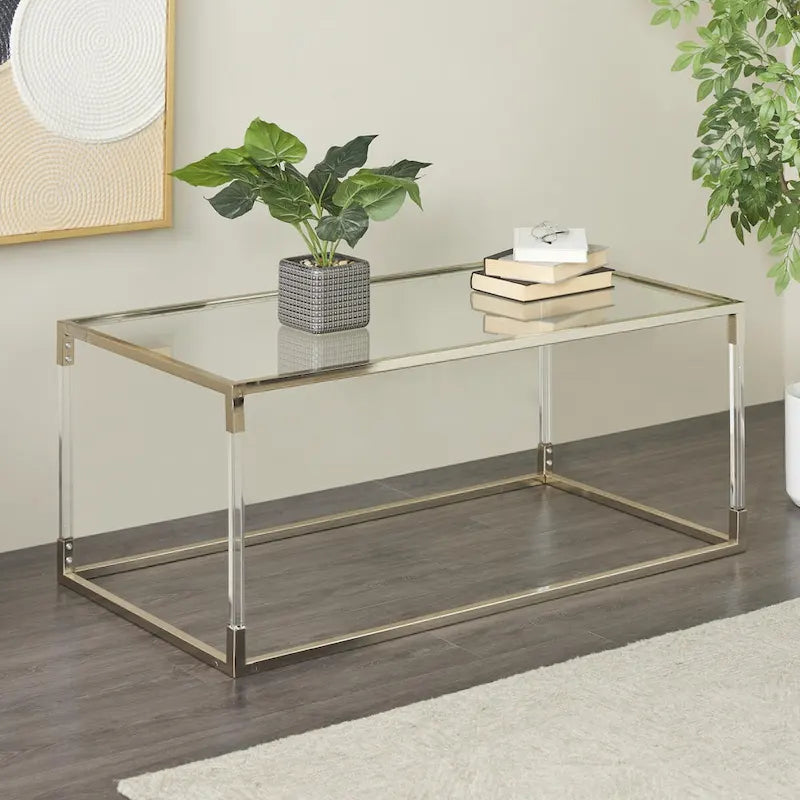 Table basse en acrylique ou en métal avec plateau en verre et pieds en acrylique ou support en cadre argenté – Doré ou transparent – Roche River Decor