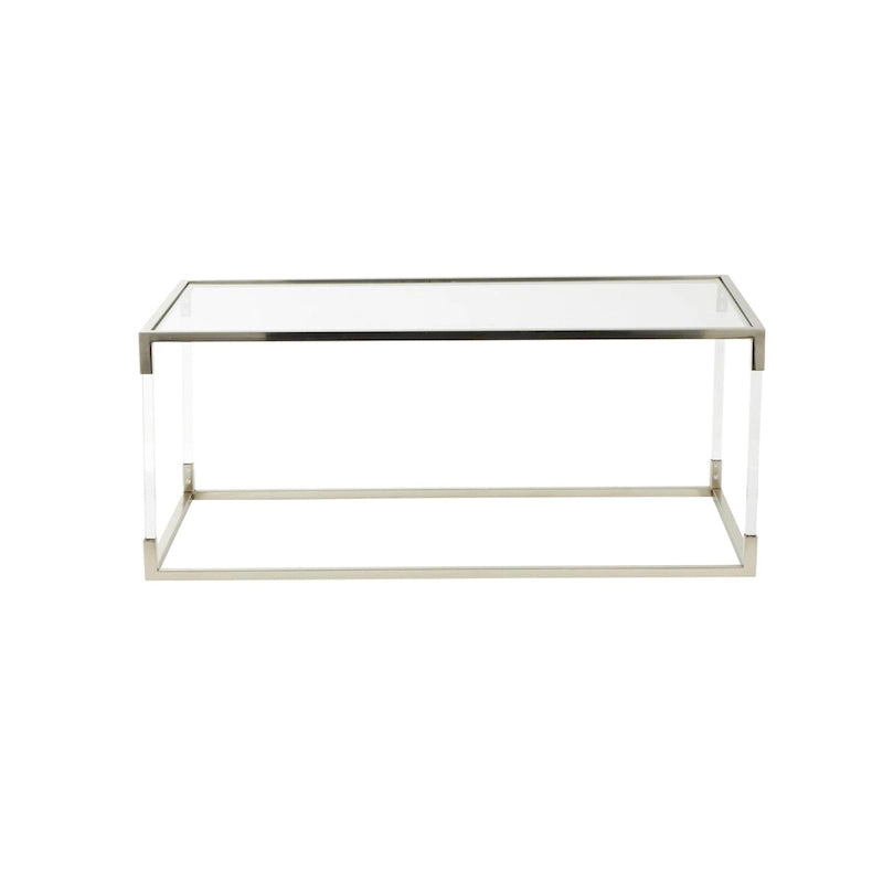 Table basse en acrylique ou en métal avec plateau en verre et pieds en acrylique ou support en cadre argenté – Doré ou transparent – Roche River Decor