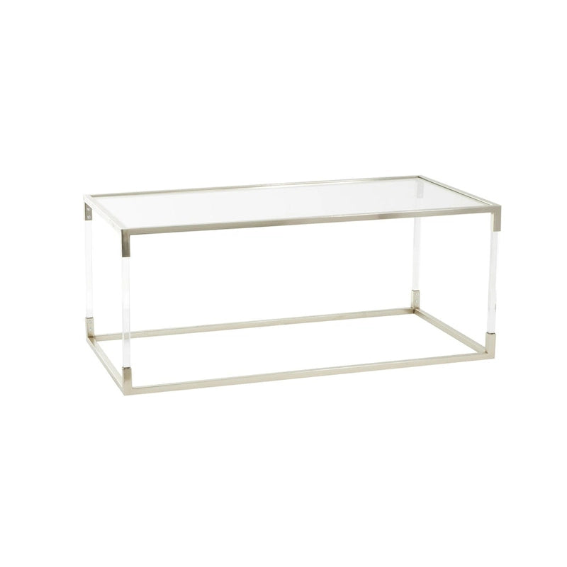 Table basse en acrylique ou en métal avec plateau en verre et pieds en acrylique ou support en cadre argenté – Doré ou transparent – Roche River Decor