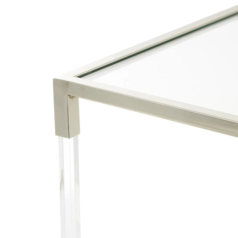 Table basse en acrylique ou en métal avec plateau en verre et pieds en acrylique ou support en cadre argenté – Doré ou transparent – Roche River Decor