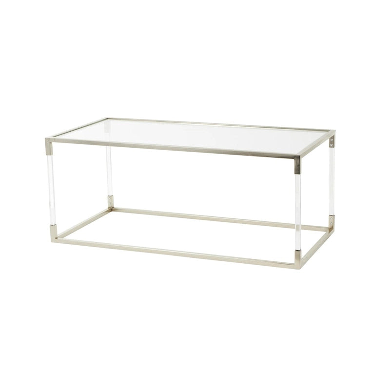 Table basse en acrylique ou en métal avec plateau en verre et pieds en acrylique ou support en cadre argenté – Doré ou transparent – Roche River Decor