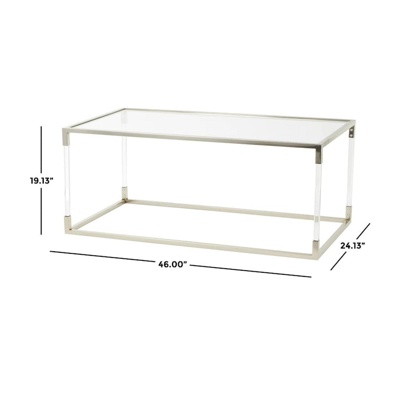Table basse en acrylique ou en métal avec plateau en verre et pieds en acrylique ou support en cadre argenté – Doré ou transparent – Roche River Decor