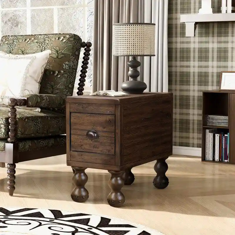 Table d'appoint rectangulaire en bois massif avec tiroir
