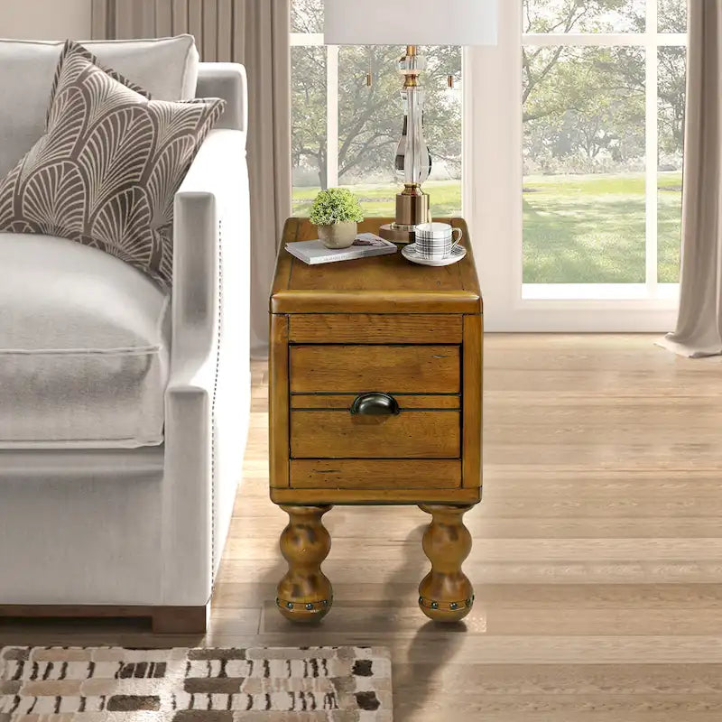Table d'appoint rectangulaire en bois massif avec tiroir