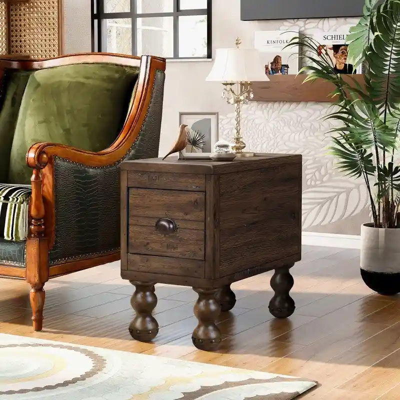 Table d'appoint rectangulaire en bois massif avec tiroir