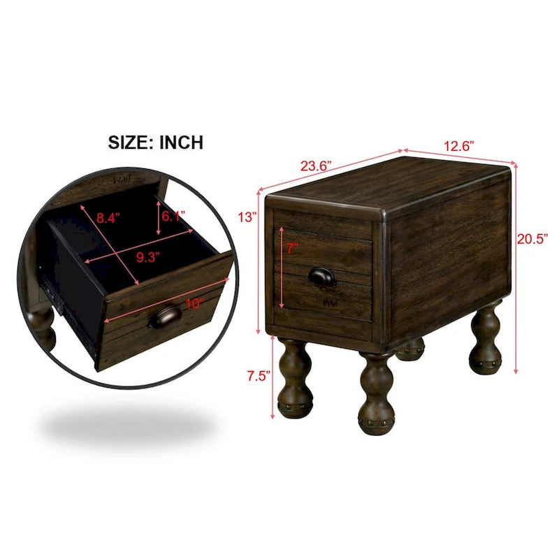 Table d'appoint rectangulaire en bois massif avec tiroir