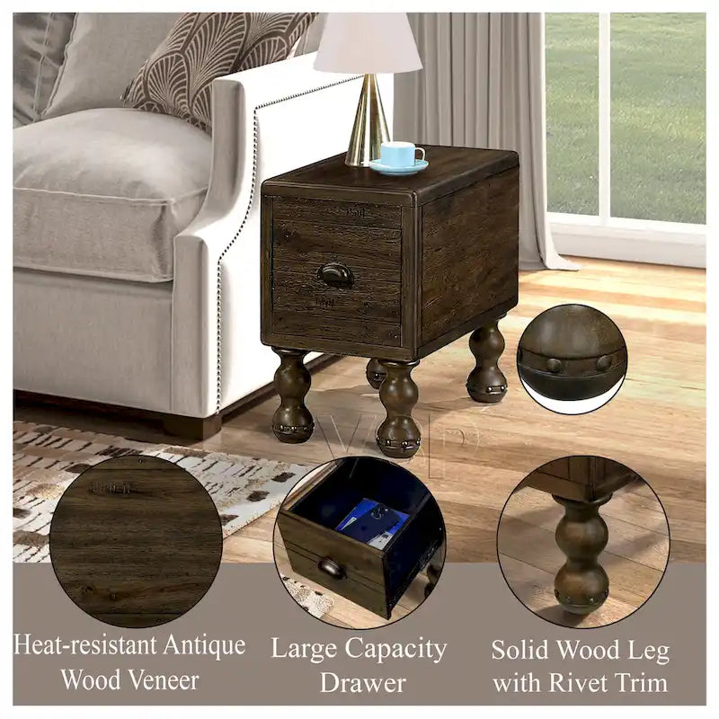 Table d'appoint rectangulaire en bois massif avec tiroir