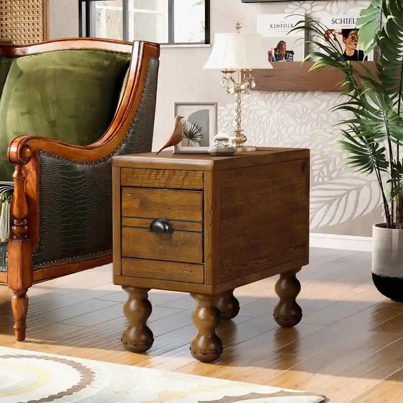 Table d'appoint rectangulaire en bois massif avec tiroir