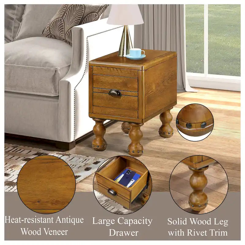 Table d'appoint rectangulaire en bois massif avec tiroir