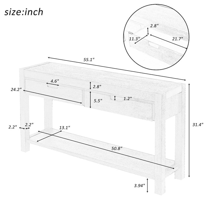 Console en bois avec 2 tiroirs et 1 étagère pour couloir et salon