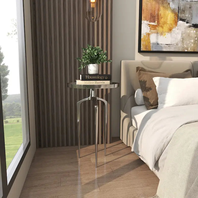 Table d'appoint inspirée d'un plateau en métal aluminium avec 3 pieds tripodes – Or, Argent ou Noir – Décor Roche River