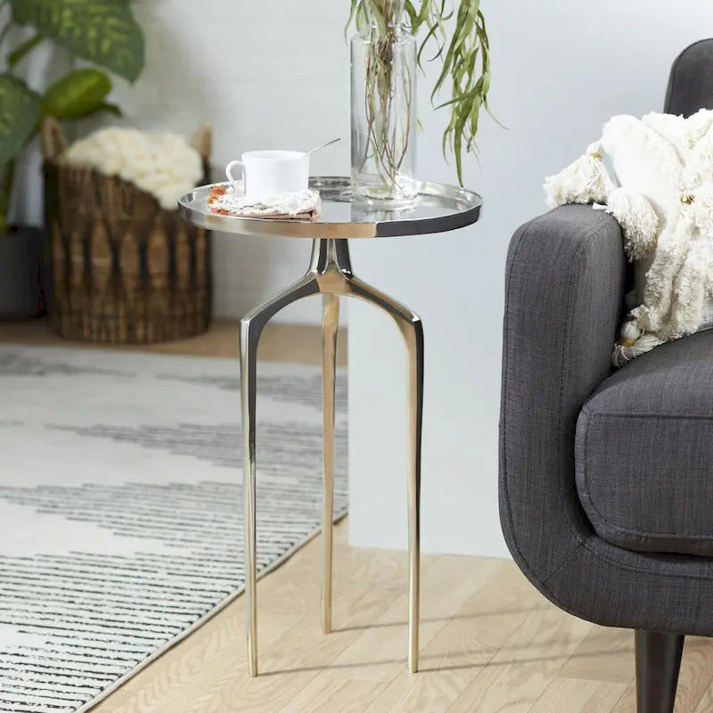 Table d'appoint inspirée d'un plateau en métal aluminium avec 3 pieds tripodes – Or, Argent ou Noir – Décor Roche River