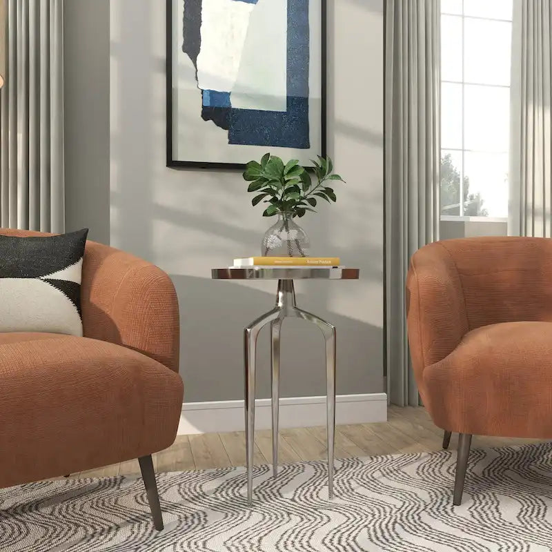 Table d'appoint inspirée d'un plateau en métal aluminium avec 3 pieds tripodes – Or, Argent ou Noir – Décor Roche River