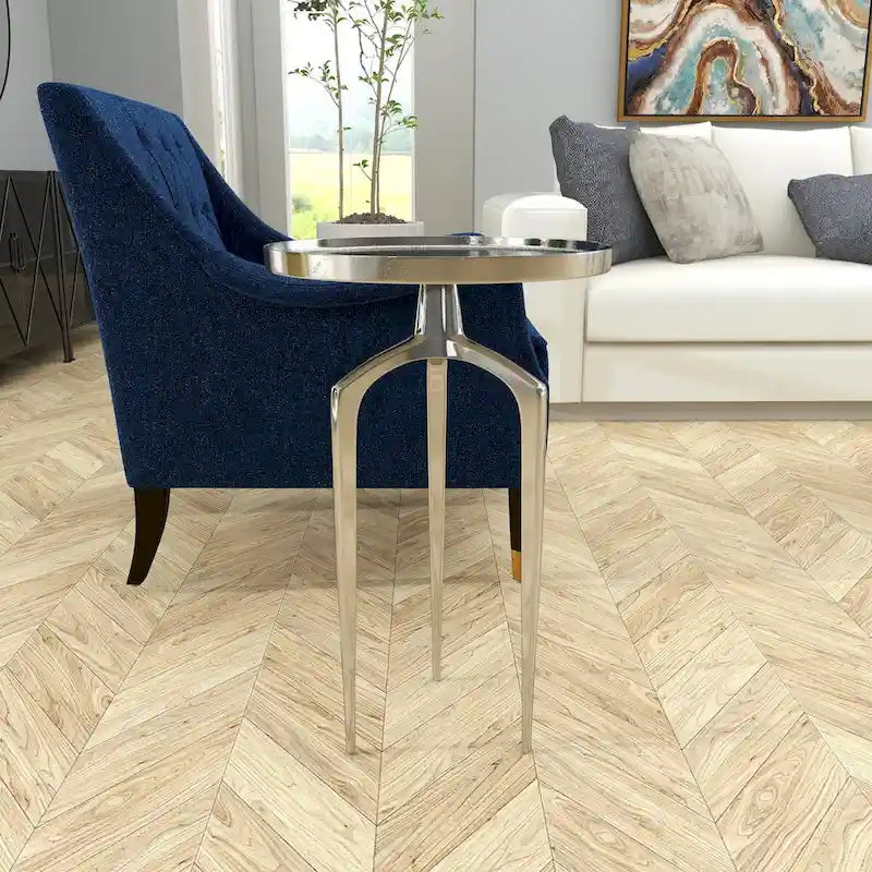 Table d'appoint inspirée d'un plateau en métal aluminium avec 3 pieds tripodes – Or, Argent ou Noir – Décor Roche River