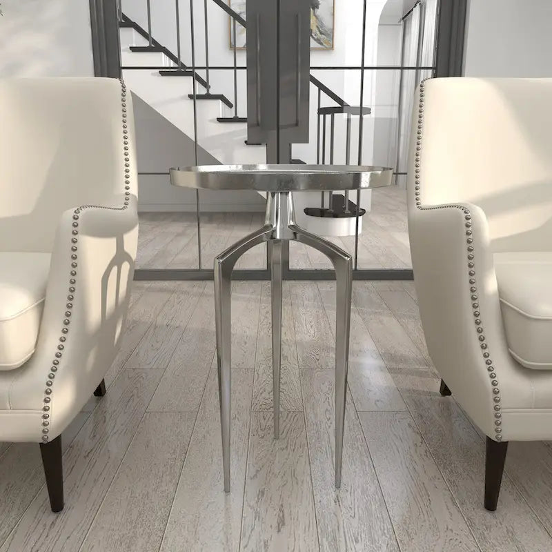 Table d'appoint inspirée d'un plateau en métal aluminium avec 3 pieds tripodes – Or, Argent ou Noir – Décor Roche River