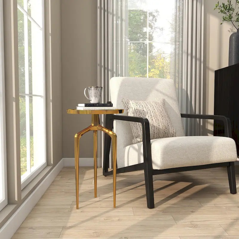 Table d'appoint inspirée d'un plateau en métal aluminium avec 3 pieds tripodes – Or, Argent ou Noir – Décor Roche River