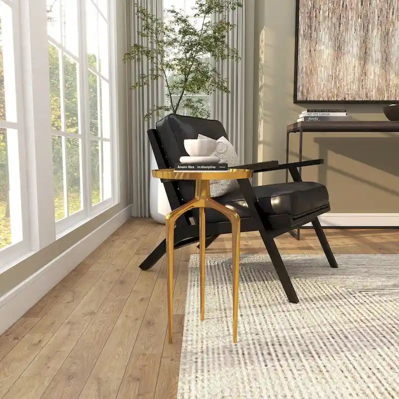 Table d'appoint inspirée d'un plateau en métal aluminium avec 3 pieds tripodes – Or, Argent ou Noir – Décor Roche River