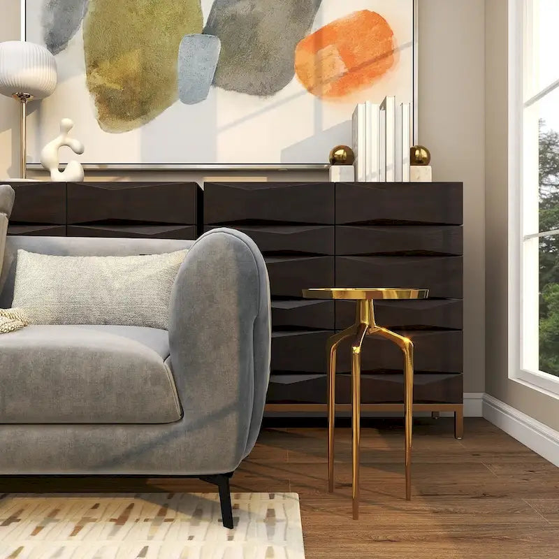 Table d'appoint inspirée d'un plateau en métal aluminium avec 3 pieds tripodes – Or, Argent ou Noir – Décor Roche River