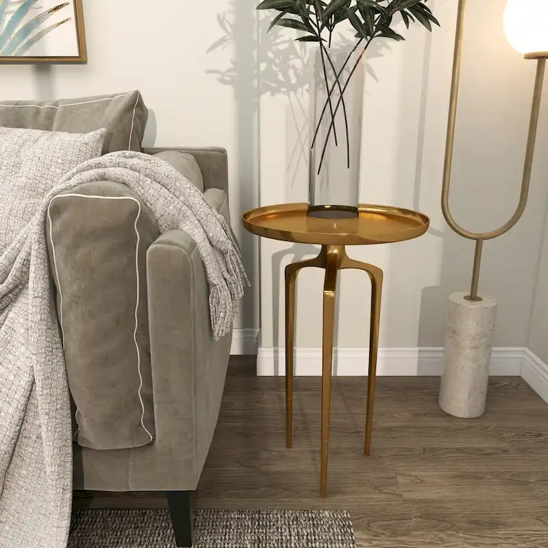 Table d'appoint inspirée d'un plateau en métal aluminium avec 3 pieds tripodes – Or, Argent ou Noir – Décor Roche River