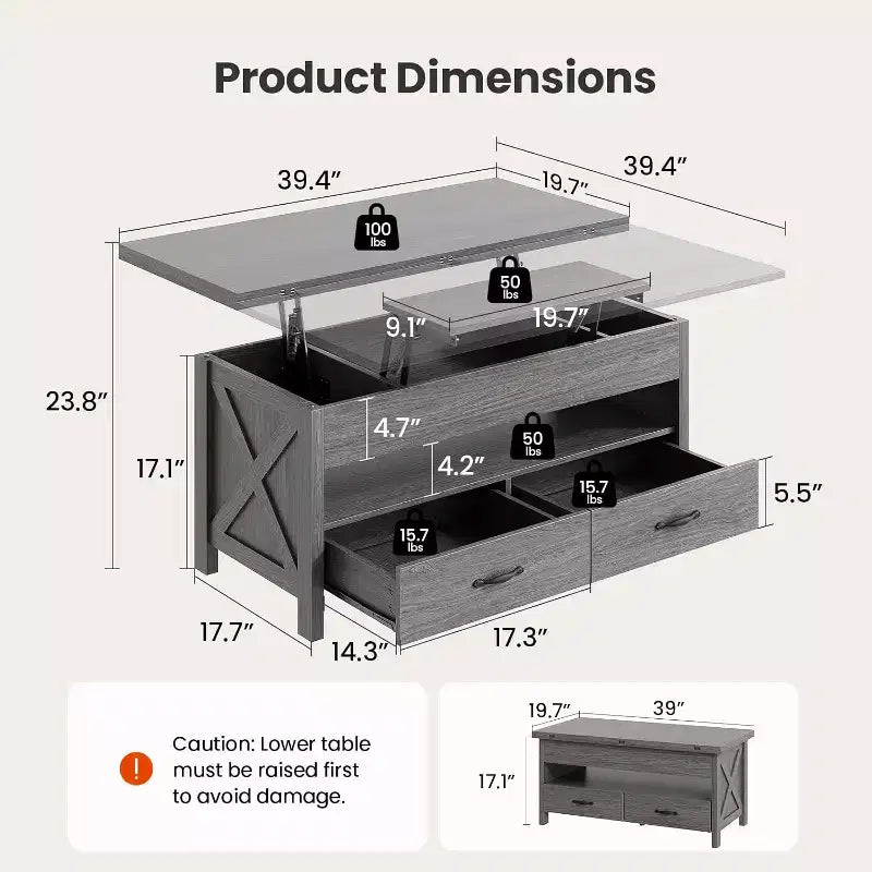 Table basse relevable avec espace de rangement, table basse style ferme, table basse avec deux tiroirs, table basse pour salon et bureau