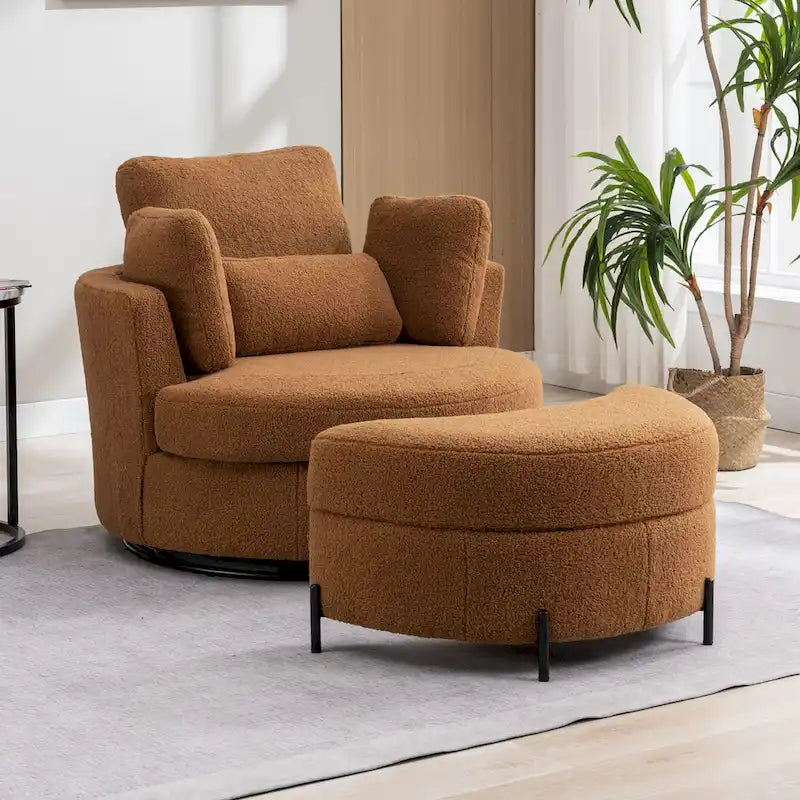 Fauteuil d'appoint pivotant rembourré 42,3 W avec 4 oreillers et pouf de rangement demi-lune