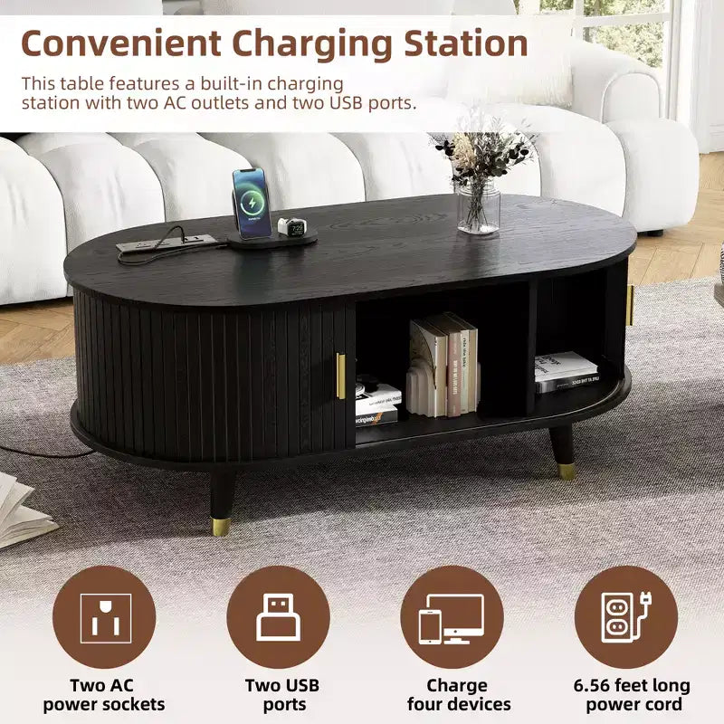 CLIHOME Meuble TV et table basse de ferme en bois avec station de recharge, console multimédia ovale cannelée pour TV jusqu'à 80 pouces