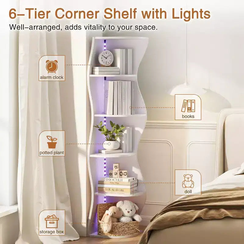 VECELO Étagère d'Angle Onde à 5 Niveaux, Étagère de Rangement Verticale Haute pour Petits Espaces et Salon, Blanche