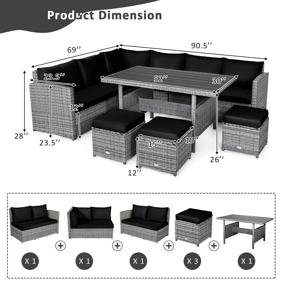 Ensemble de salle à manger Costway 7 pièces en rotin pour terrasse, canapé sectionnel et pouf - Voir détails