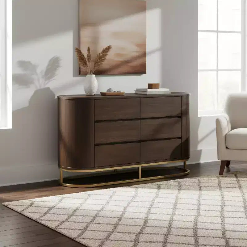 Commode moderne à 6 tiroirs avec plateau Live Edge, piètement en métal et construction en bois mélangé durable
