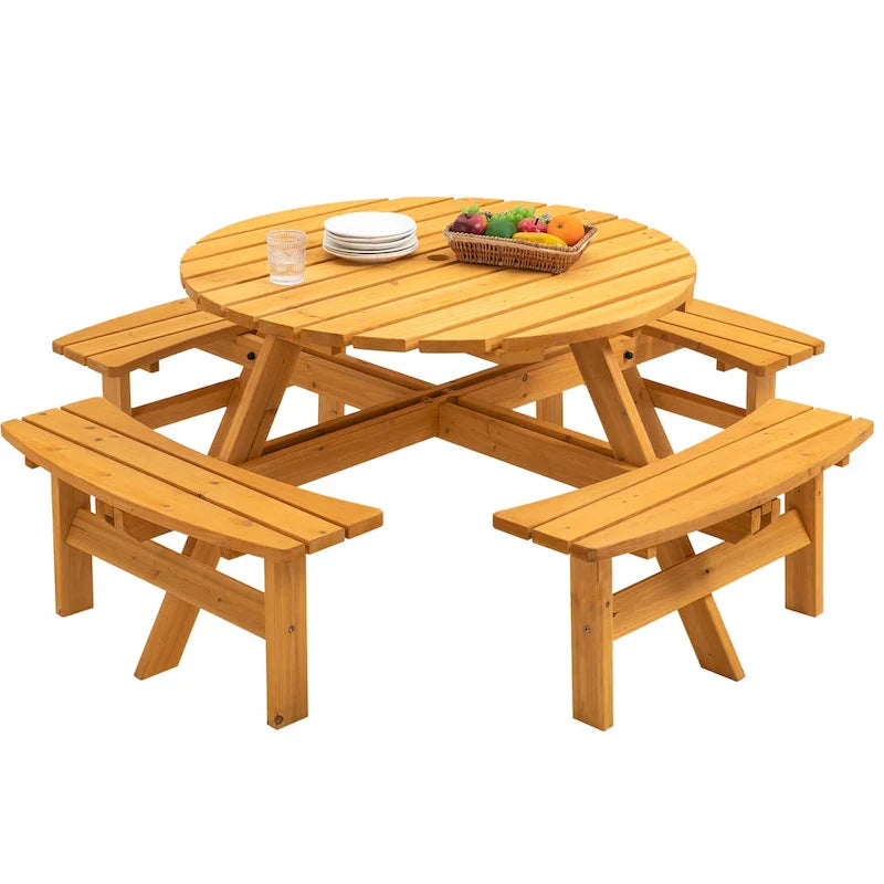Ensemble de salle à manger rond en bois de sapin pour patio extérieur 8 personnes avec 4 bancs intégrés et trou pour parasol