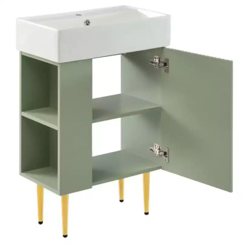Meuble-lavabo de salle de bain blanc de 21,6 po, ensemble avec meuble de rangement, vasque en céramique simple, rangement à gauche