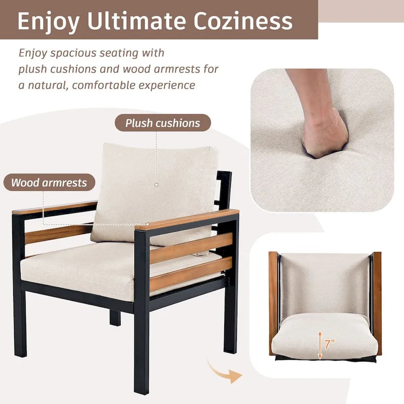 Ensemble de canapés d'extérieur 4 pièces pour 5 personnes avec table basse en bois massif et coussins amovibles