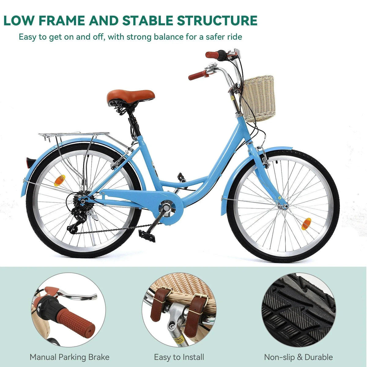 Moasis24/26 Vélo Cruiser 7 Vitesses, Vélo à Cadre Bas Ajustable, Vélo de Ville, Bicyclette