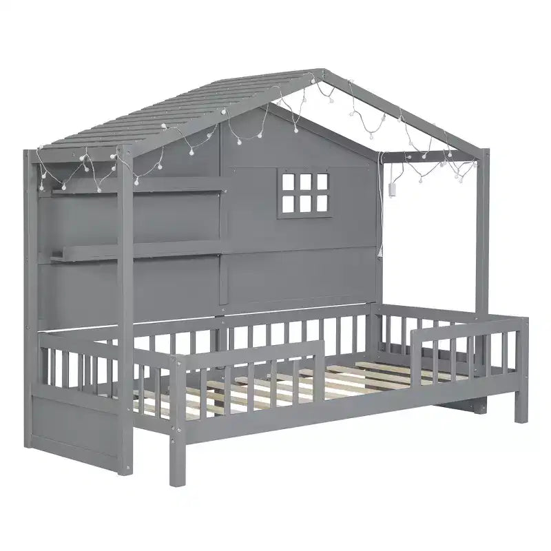 Lit cabane double avec étagères de rangement et barrières, cadre de lit Montessori en bois pour enfants avec fenêtre et bande lumineuse scintillante