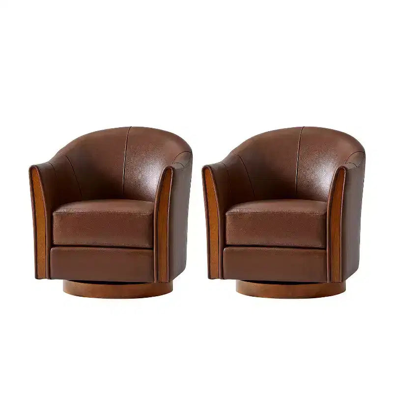 Fauteuil club pivotant en cuir véritable Pocono avec piétement en bois massif, lot de 2Artful Living Design