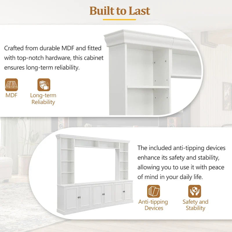 Ensemble mural de 4 meubles TV avec pont pour téléviseurs jusqu'à 70 pouces, meuble TV avec étagères réglables, grande console multimédia