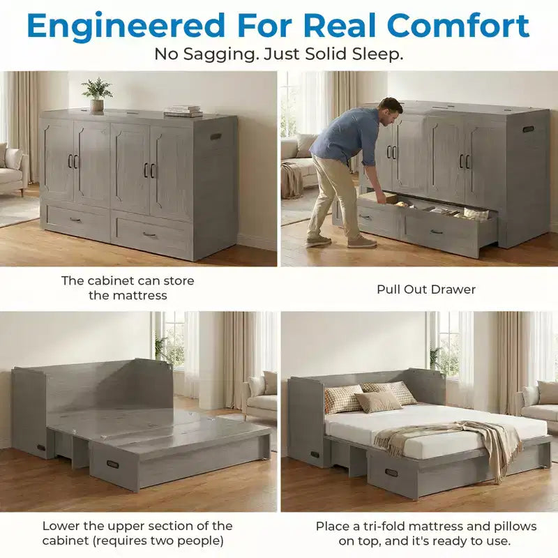 Lit escamotable convertible Queen Size Mjkone avec matelas, chargement USB, tiroirs de rangement