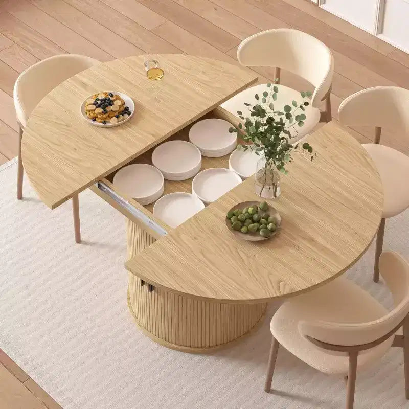 Dyonery 63 Table de salle à manger de cuisine ronde extensible avec étagère de rangement à 2 niveaux, avec base piédestal, meuble de salle à manger ovale en bois, noyer