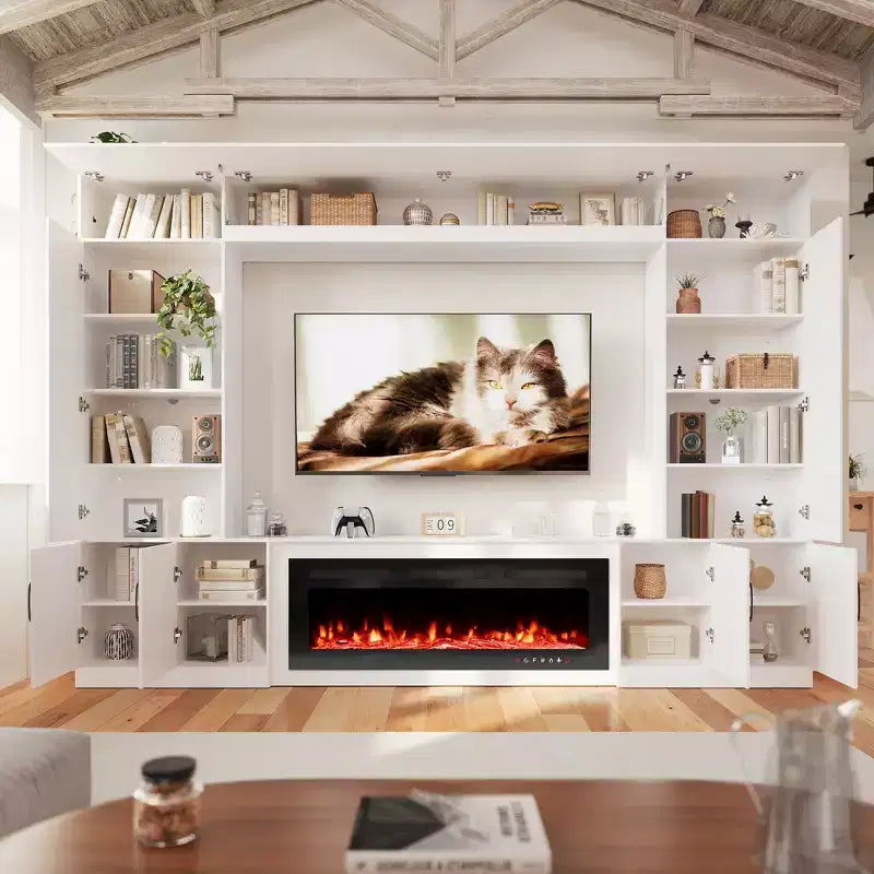 Meuble TV mural EROMMY 112L avec cheminée et lumières LED